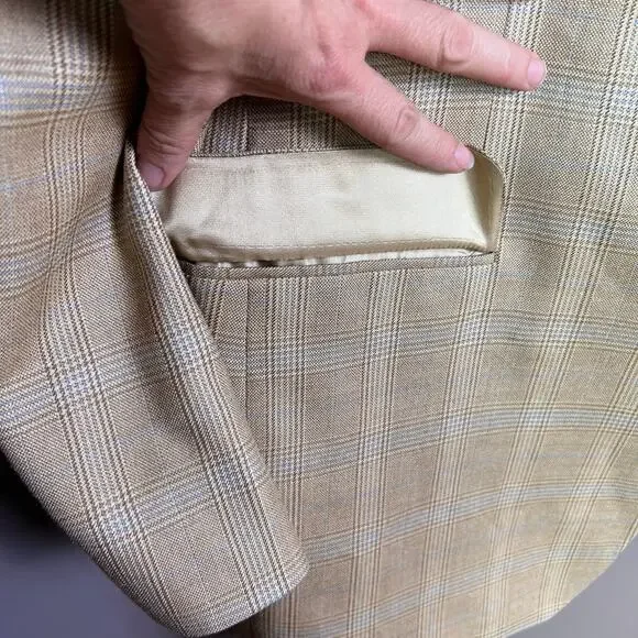 Brooks‎ Brothers sport coat 44 R plaid neutral wool silk tan (FLAW)
